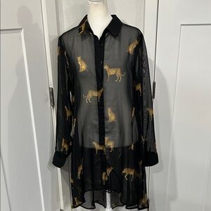 Live  4 Truth women’s Sheer Black Shirt Dress with Gold Leopard Print.